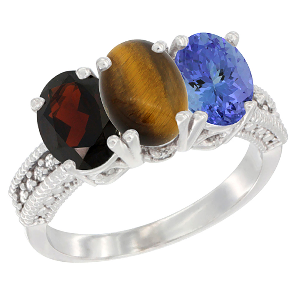 10K White Gold Natural Garnet, Tiger Eye &amp; Tanzanite Ring 3-Stone Oval 7x5 mm Diamond Accent, sizes 5 - 10