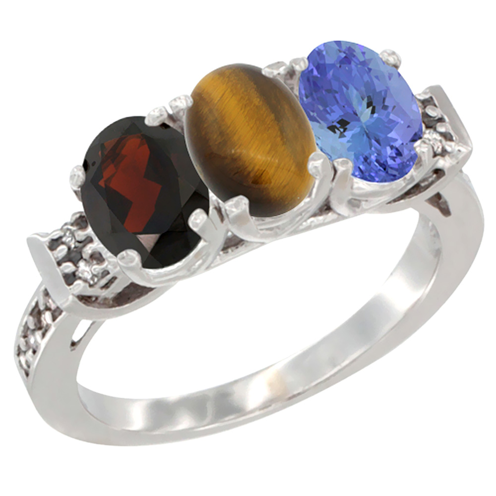 14K White Gold Natural Garnet, Tiger Eye & Tanzanite Ring 3-Stone 7x5 mm Oval Diamond Accent, sizes 5 - 10