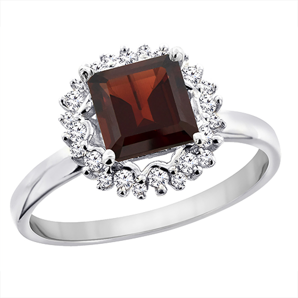 14K White Gold Natural Garnet Ring Square 6x6 mm Diamond Accents, sizes 5 - 10