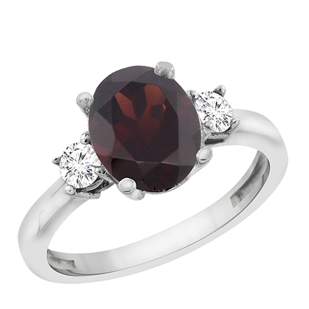 10K White Gold Natural Garnet Engagement Ring Oval 10x8 mm Diamond Sides, sizes 5 - 10