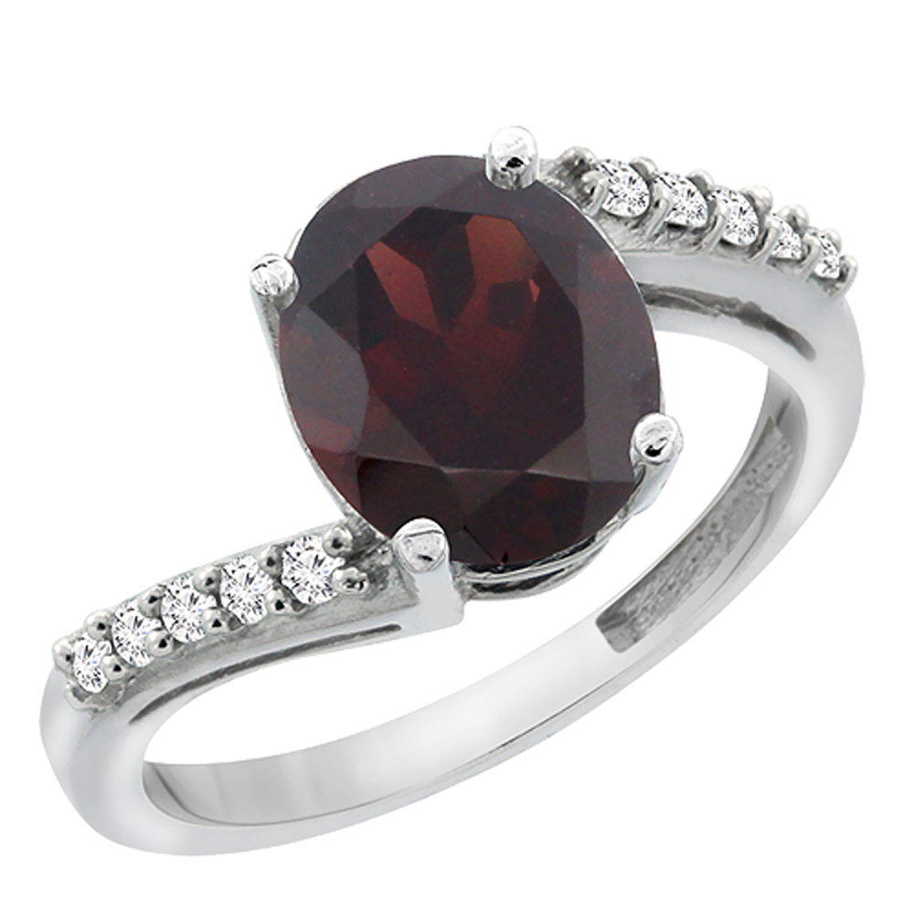 10K White Gold Diamond Natural Garnet Engagement Ring Oval 10x8mm, sizes 5-10