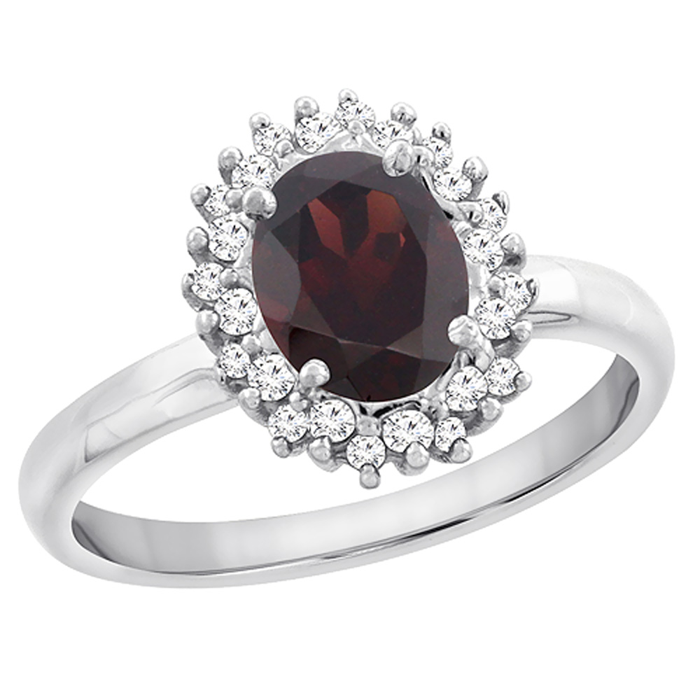 14K White Gold Diamond Natural Garnet Engagement Ring Oval 7x5mm, sizes 5 - 10