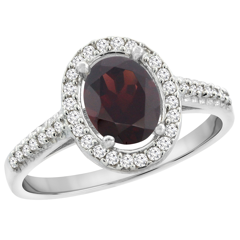 10K White Gold Natural Garnet Engagement Ring Oval 7x5 mm Diamond Halo, sizes 5 - 10