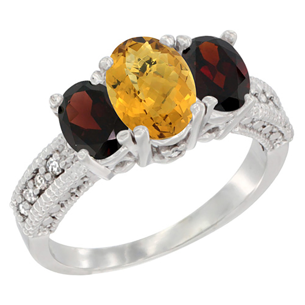 14K White Gold Diamond Natural Whisky Quartz Ring Oval 3-stone with Garnet, sizes 5 - 10