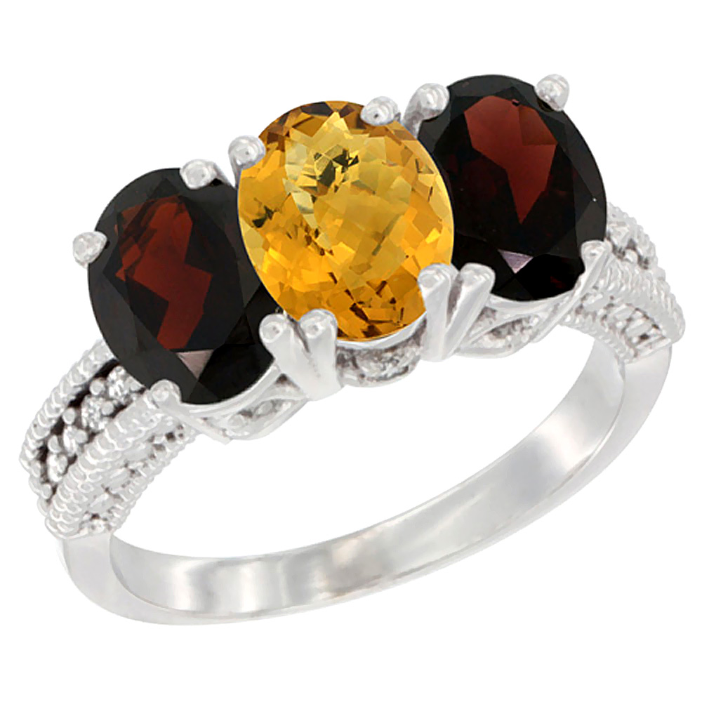 10K White Gold Natural Whisky Quartz &amp; Garnet Sides Ring 3-Stone Oval 7x5 mm Diamond Accent, sizes 5 - 10