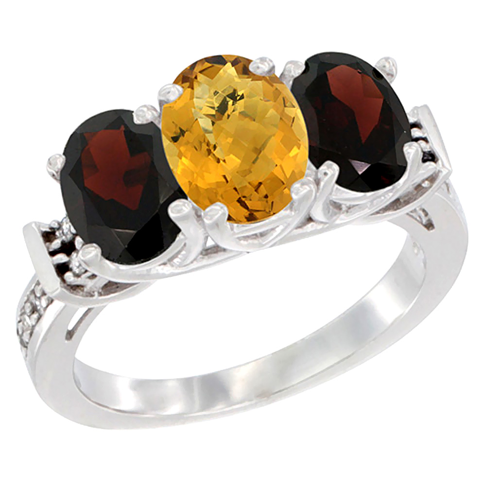 10K White Gold Natural Whisky Quartz &amp; Garnet Sides Ring 3-Stone Oval Diamond Accent, sizes 5 - 10