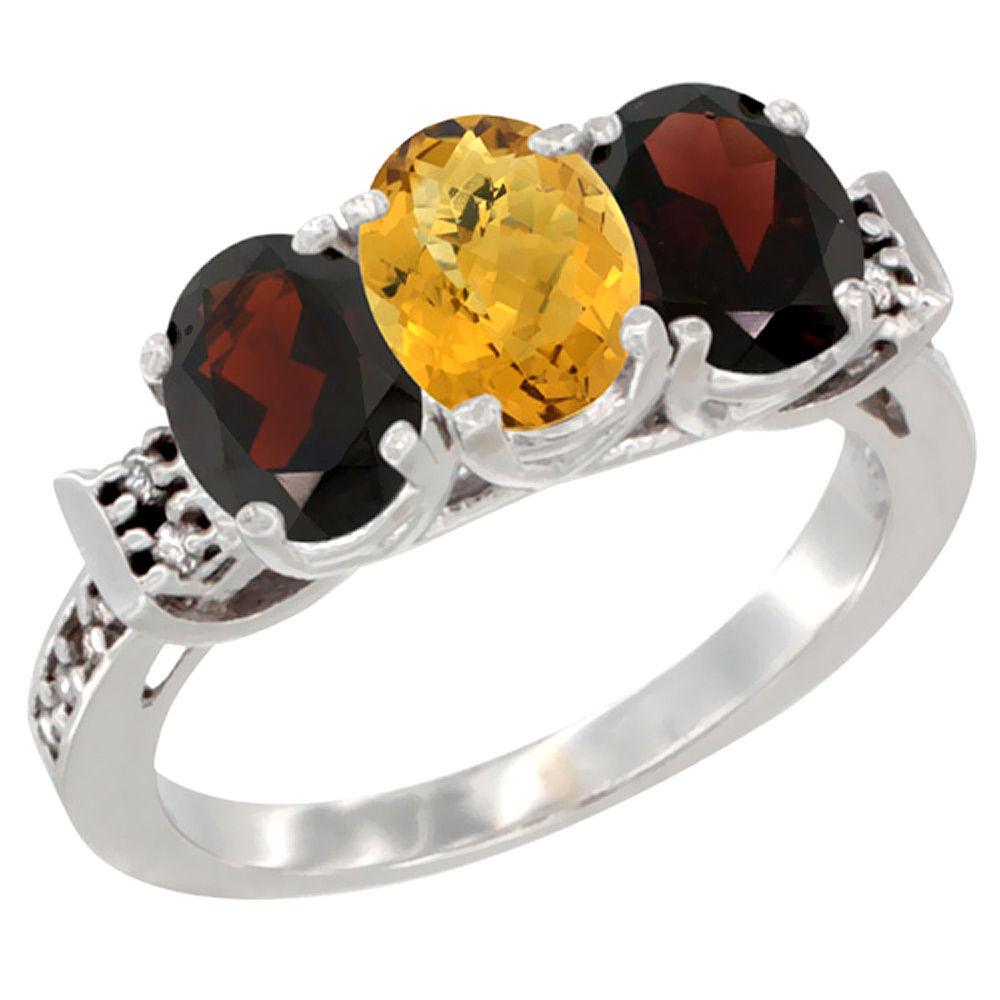 14K White Gold Natural Whisky Quartz & Garnet Sides Ring 3-Stone 7x5 mm Oval Diamond Accent, sizes 5 - 10