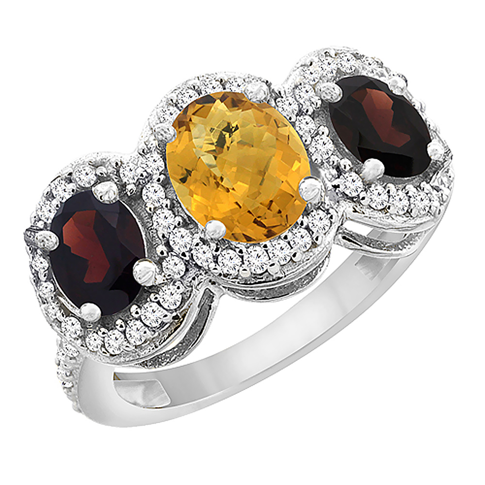 14K White Gold Natural Whisky Quartz & Garnet 3-Stone Ring Oval Diamond Accent, sizes 5 - 10