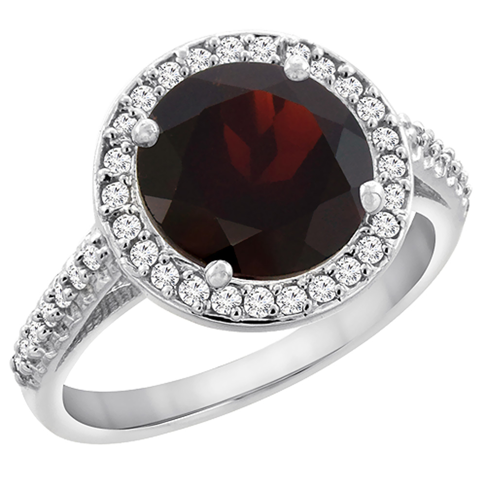 14K White Gold Natural Garnet Ring Round 8mm Diamond Halo, sizes 5 to 10