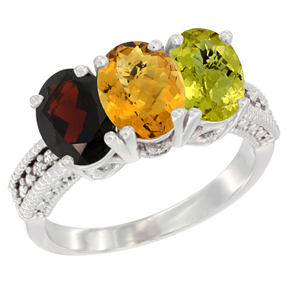 14K White Gold Natural Garnet, Whisky Quartz &amp; Lemon Quartz Ring 3-Stone 7x5 mm Oval Diamond Accent, sizes 5 - 10