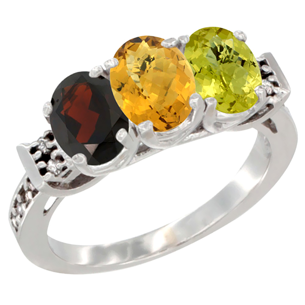 14K White Gold Natural Garnet, Whisky Quartz &amp; Lemon Quartz Ring 3-Stone 7x5 mm Oval Diamond Accent, sizes 5 - 10