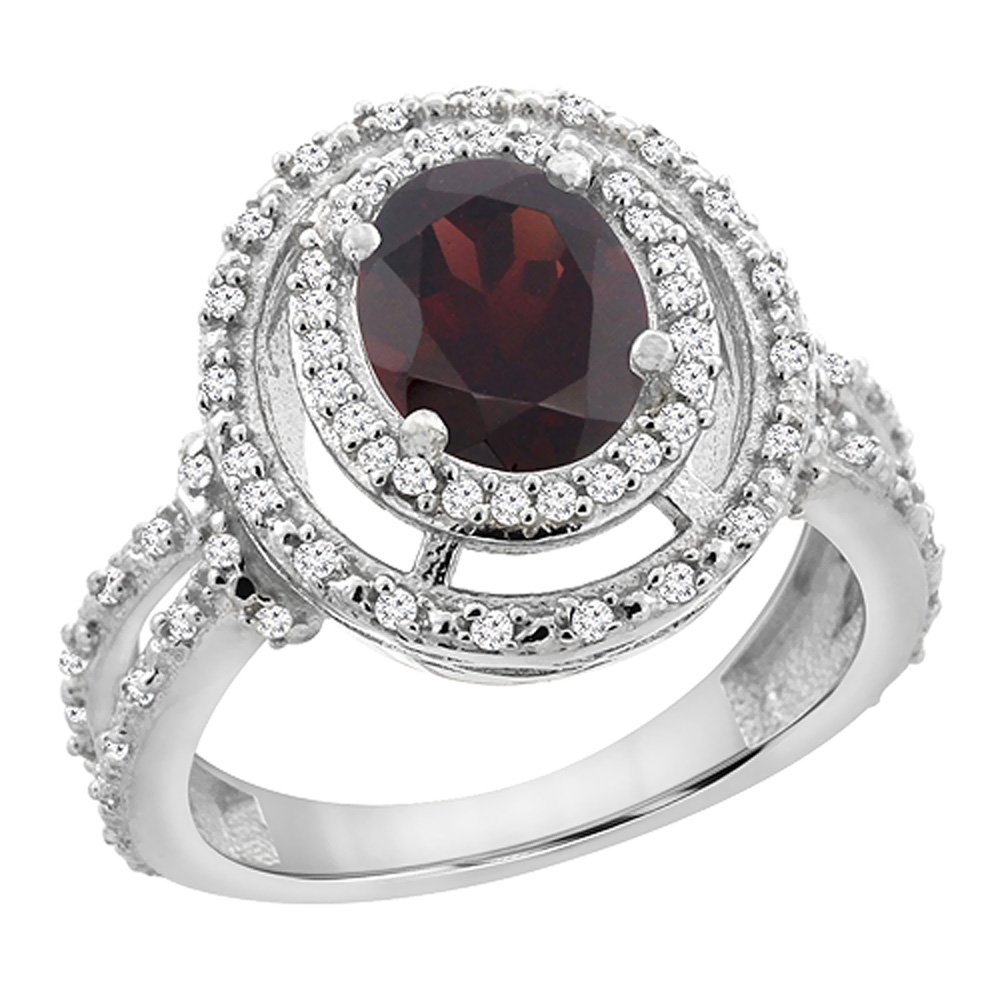 14K White Gold Natural Garnet Ring Oval 8x6 mm Double Halo Diamond, sizes 5 - 10