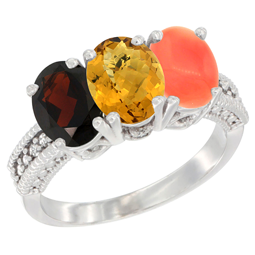 14K White Gold Natural Garnet, Whisky Quartz & Coral Ring 3-Stone 7x5 mm Oval Diamond Accent, sizes 5 - 10