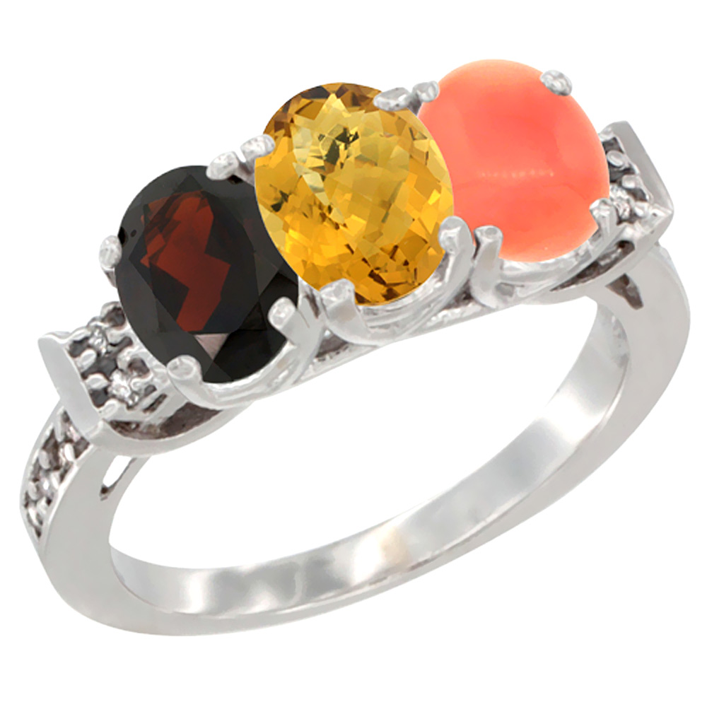 14K White Gold Natural Garnet, Whisky Quartz &amp; Coral Ring 3-Stone 7x5 mm Oval Diamond Accent, sizes 5 - 10