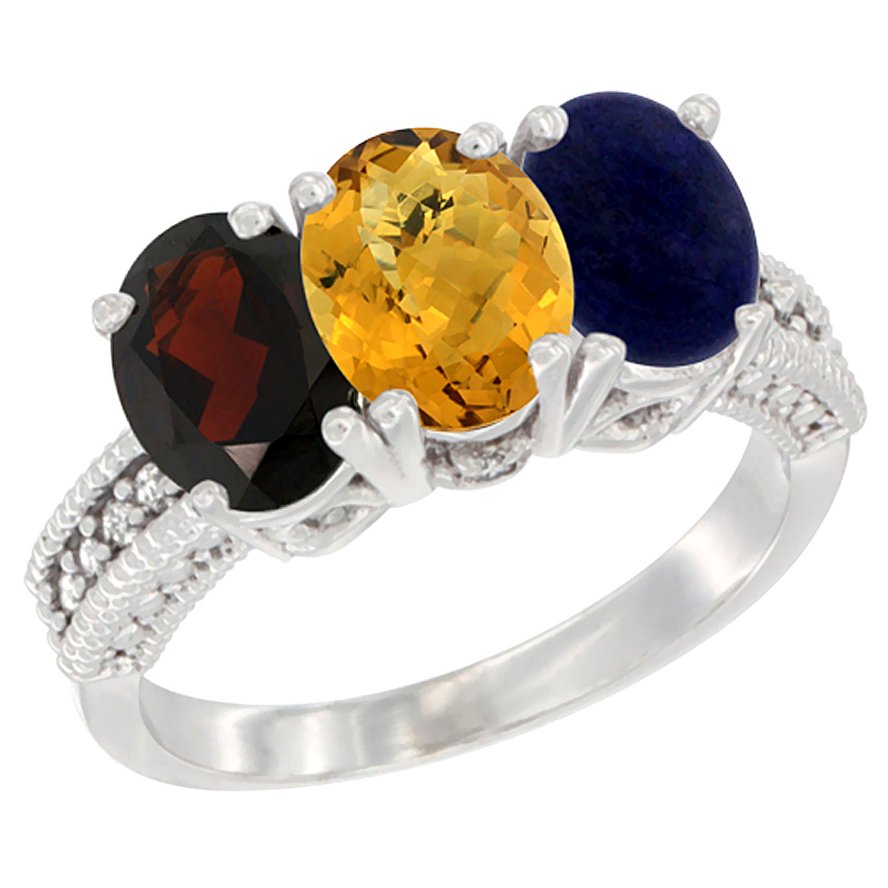 10K White Gold Natural Garnet, Whisky Quartz &amp; Lapis Ring 3-Stone Oval 7x5 mm Diamond Accent, sizes 5 - 10