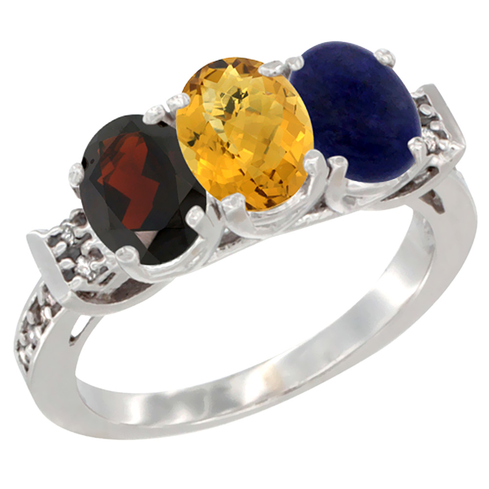 14K White Gold Natural Garnet, Whisky Quartz &amp; Lapis Ring 3-Stone 7x5 mm Oval Diamond Accent, sizes 5 - 10