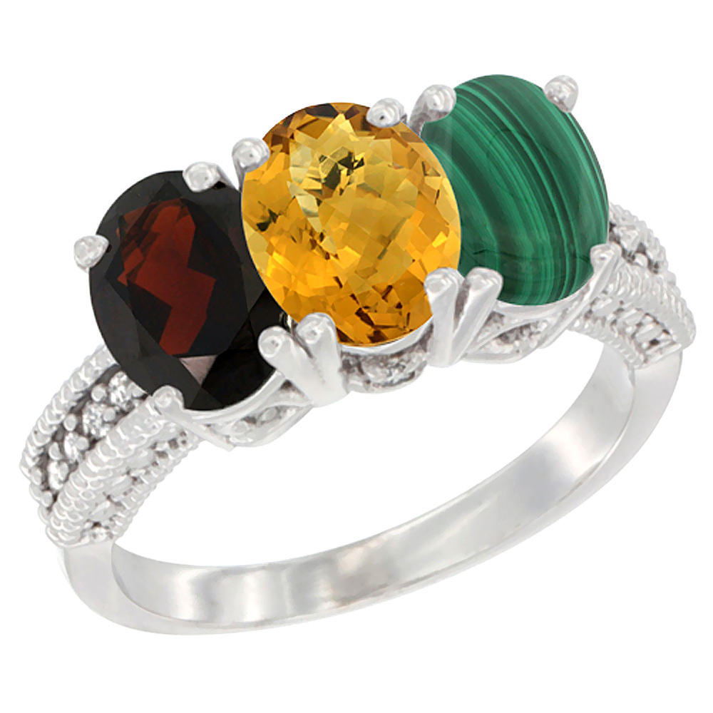 14K White Gold Natural Garnet, Whisky Quartz & Malachite Ring 3-Stone 7x5 mm Oval Diamond Accent, sizes 5 - 10