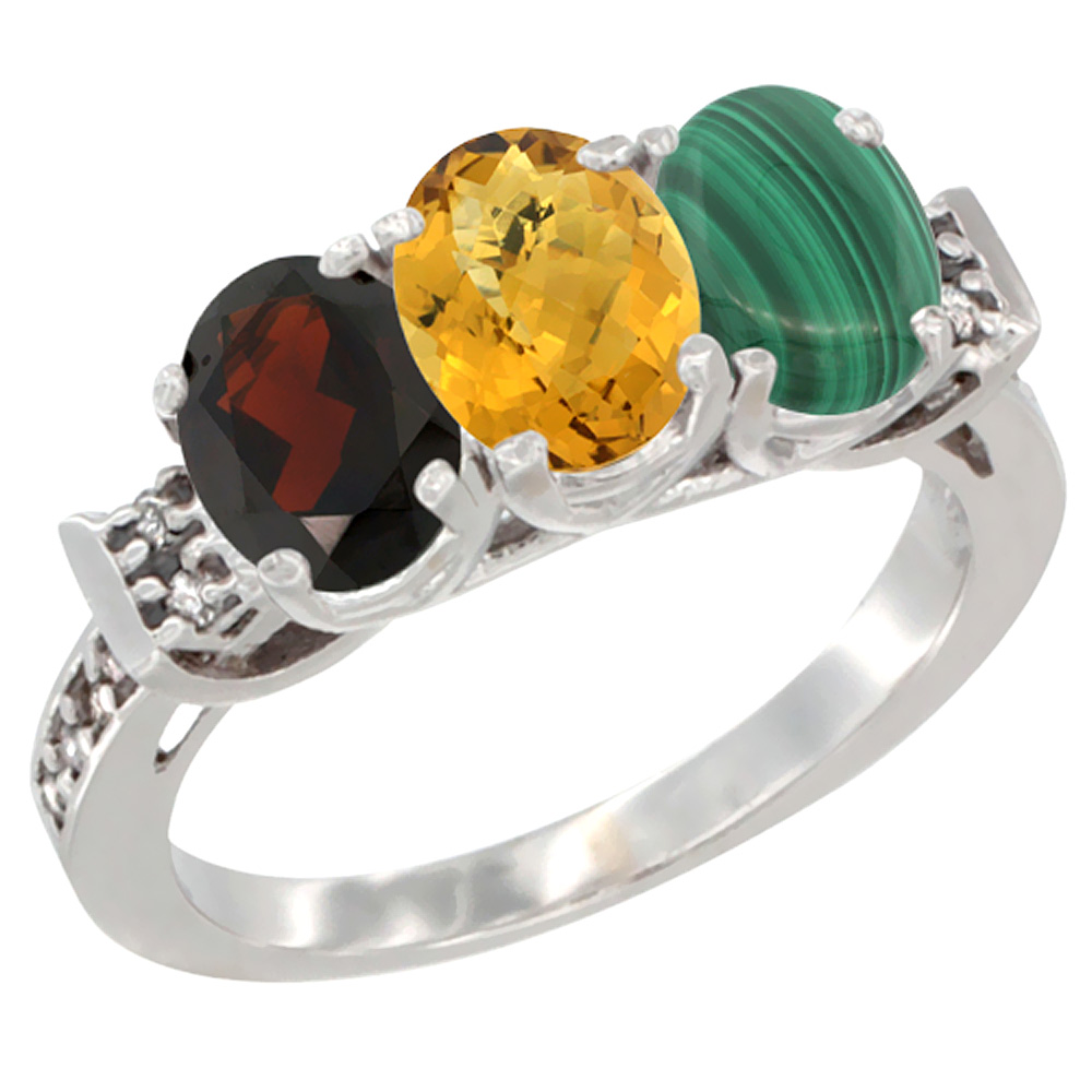 14K White Gold Natural Garnet, Whisky Quartz & Malachite Ring 3-Stone 7x5 mm Oval Diamond Accent, sizes 5 - 10