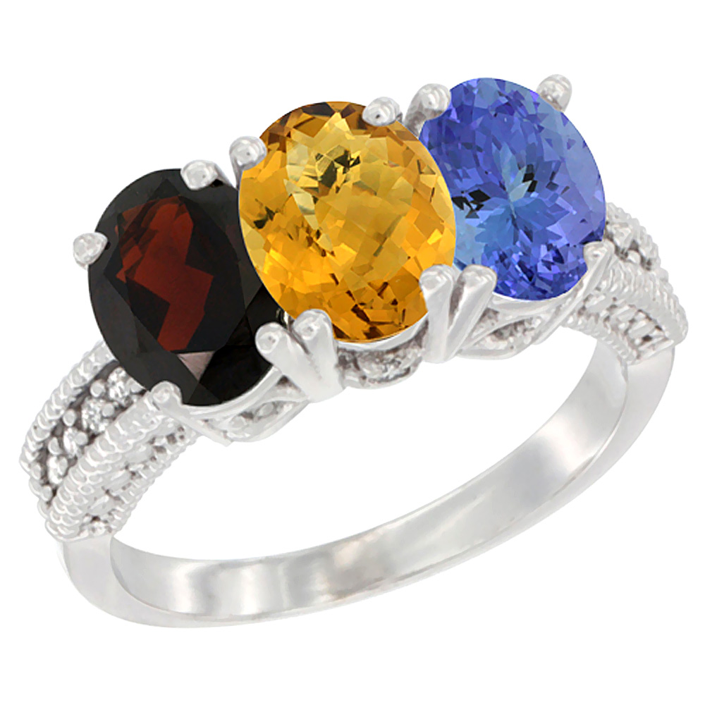 14K White Gold Natural Garnet, Whisky Quartz & Tanzanite Ring 3-Stone 7x5 mm Oval Diamond Accent, sizes 5 - 10