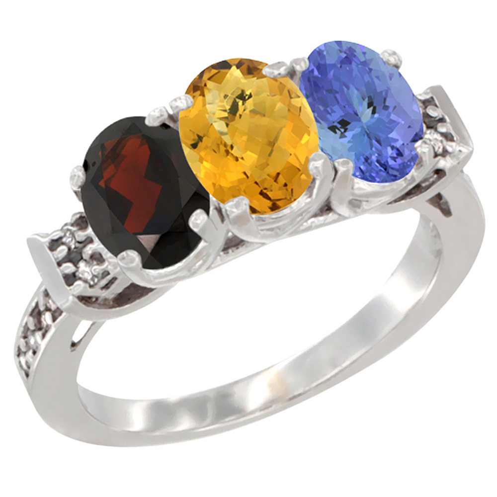 14K White Gold Natural Garnet, Whisky Quartz & Tanzanite Ring 3-Stone 7x5 mm Oval Diamond Accent, sizes 5 - 10