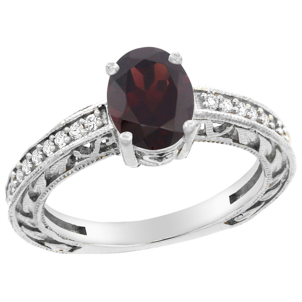 14K Gold Natural Garnet Ring Oval 8x6 mm Diamond Accents, sizes 5 - 10