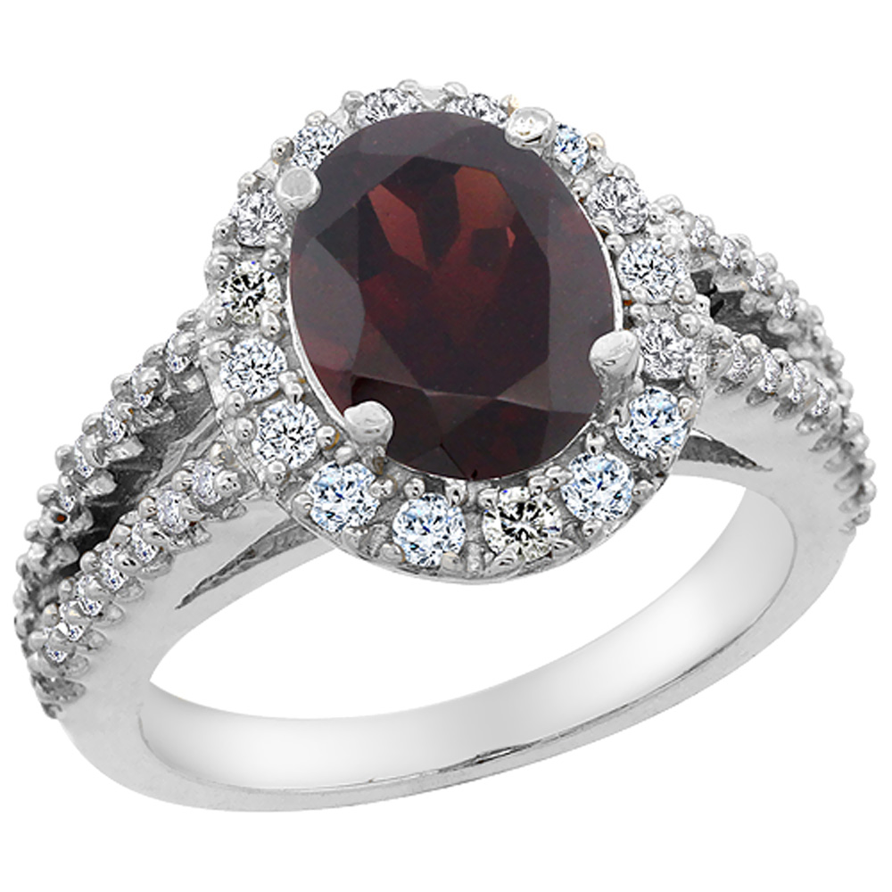 14K White Gold Diamond Natural Garnet Engagement Ring Oval 10x8mm, sizes 5-10