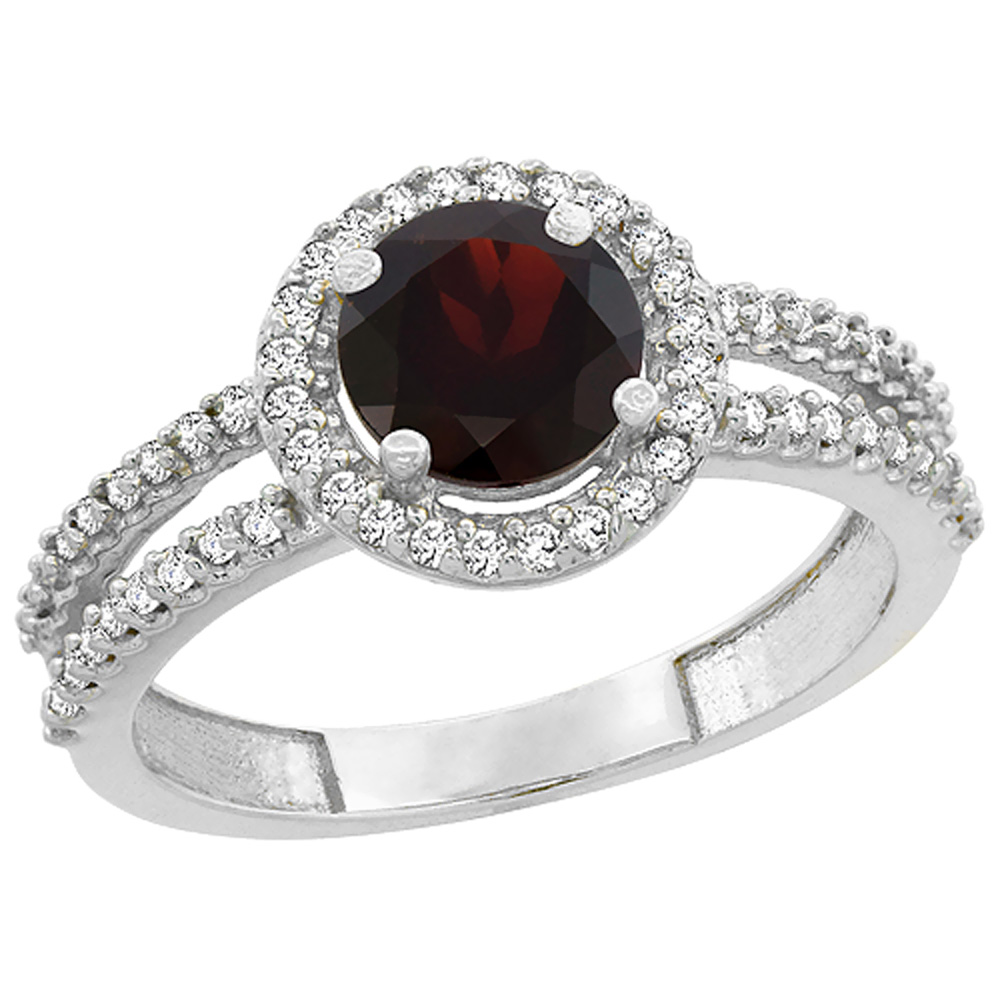 14K White Gold Natural Garnet Diamond Halo Ring Round 6mm, sizes 5 - 10