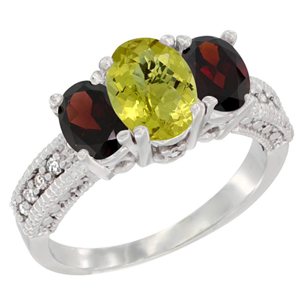 10K White Gold Diamond Natural Lemon Quartz Ring Oval 3-stone with Garnet, sizes 5 - 10