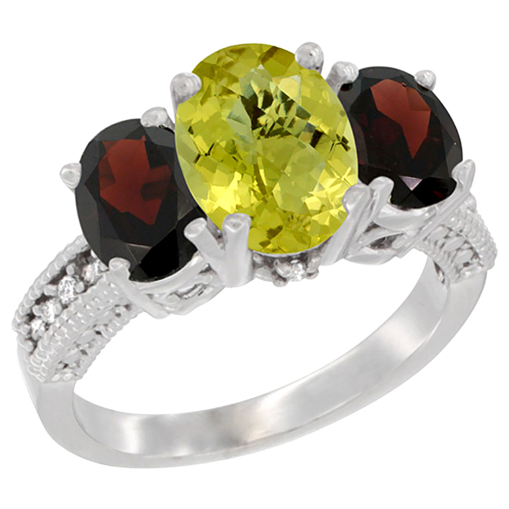 14K White Gold Diamond Natural Lemon Quartz Ring 3-Stone Oval 8x6mm with Garnet, sizes5-10