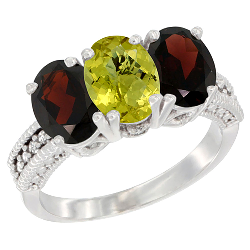 14K White Gold Natural Lemon Quartz & Garnet Sides Ring 3-Stone 7x5 mm Oval Diamond Accent, sizes 5 - 10