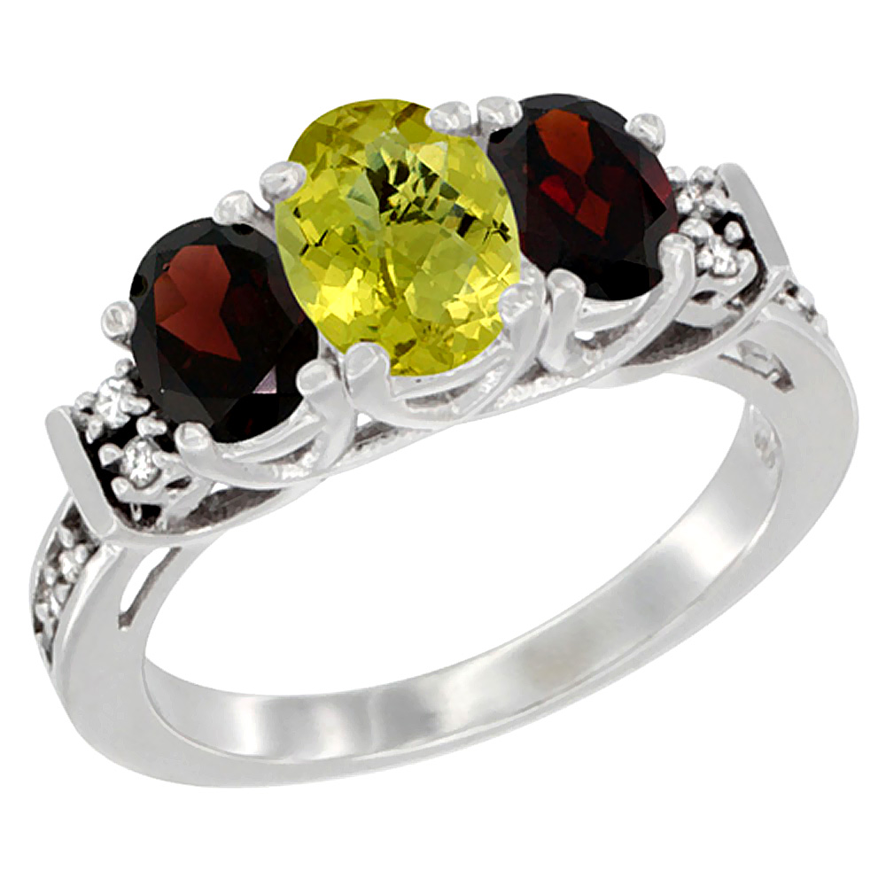 10K White Gold Natural Lemon Quartz & Garnet Ring 3-Stone Oval Diamond Accent, sizes 5-10