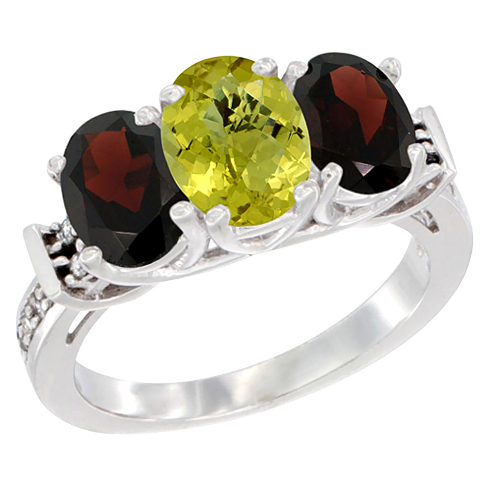 10K White Gold Natural Lemon Quartz & Garnet Sides Ring 3-Stone Oval Diamond Accent, sizes 5 - 10