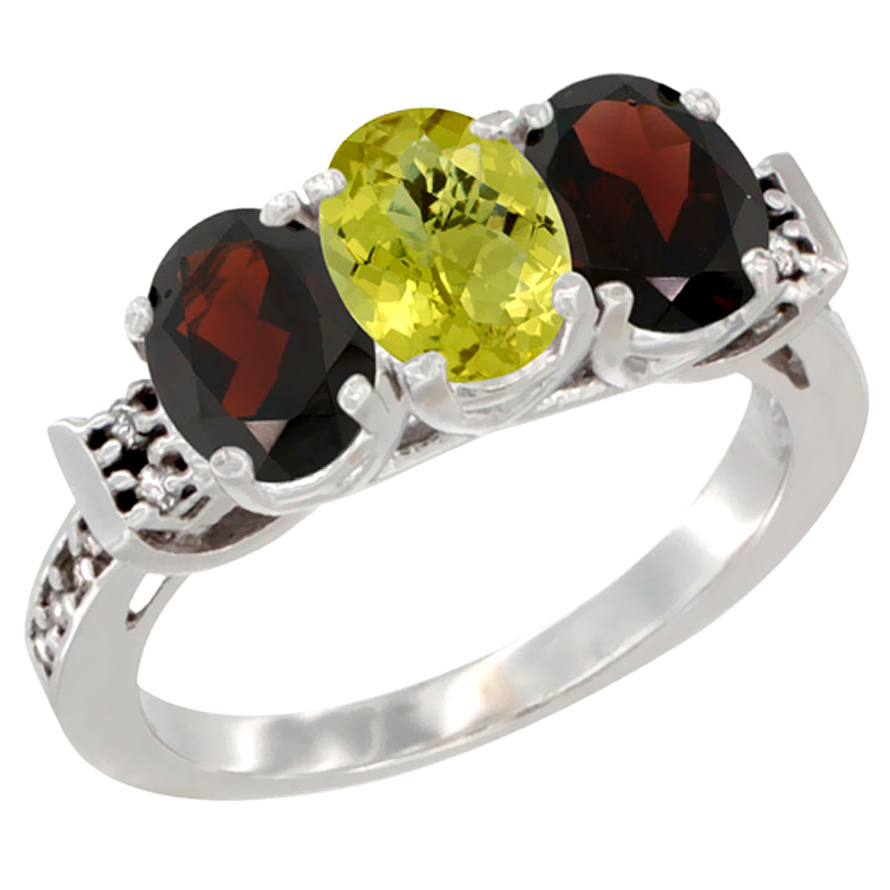 14K White Gold Natural Lemon Quartz &amp; Garnet Sides Ring 3-Stone 7x5 mm Oval Diamond Accent, sizes 5 - 10