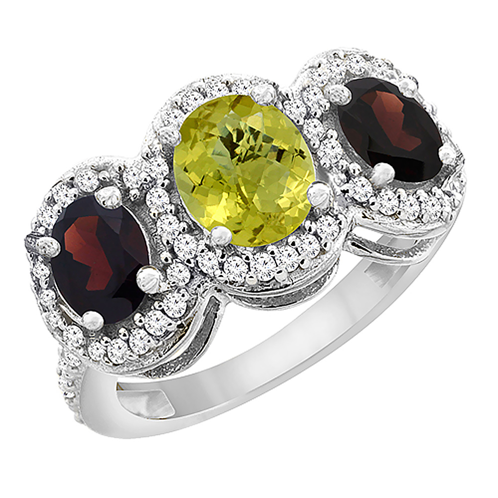 14K White Gold Natural Lemon Quartz & Garnet 3-Stone Ring Oval Diamond Accent, sizes 5 - 10