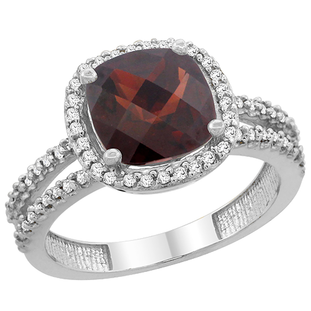 14K White Gold Natural Garnet Ring Cushion-cut 8x8 mm 2-row Diamond Accents, sizes 5 - 10