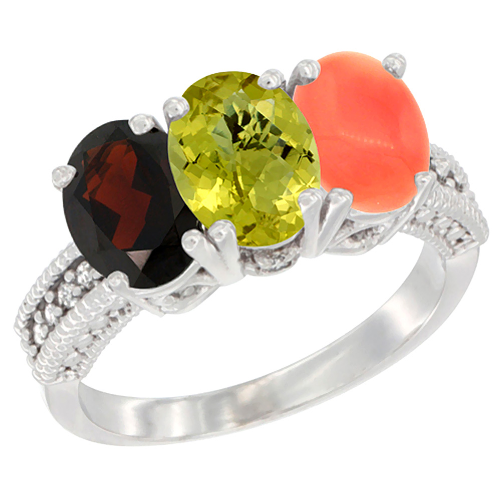 14K White Gold Natural Garnet, Lemon Quartz & Coral Ring 3-Stone 7x5 mm Oval Diamond Accent, sizes 5 - 10