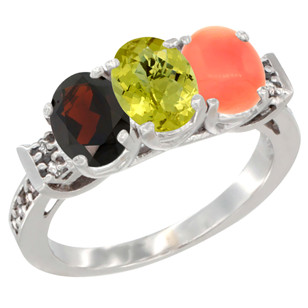 14K White Gold Natural Garnet, Lemon Quartz & Coral Ring 3-Stone 7x5 mm Oval Diamond Accent, sizes 5 - 10