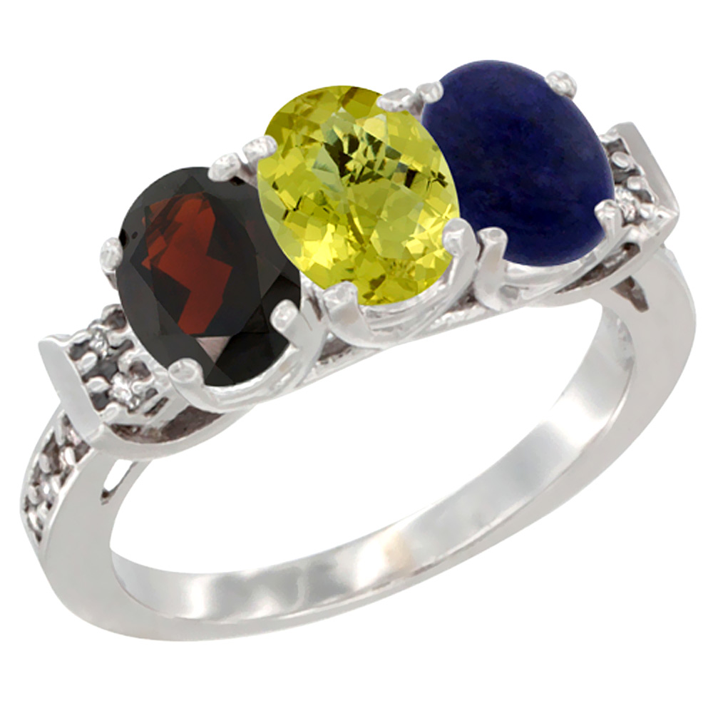 14K White Gold Natural Garnet, Lemon Quartz & Lapis Ring 3-Stone 7x5 mm Oval Diamond Accent, sizes 5 - 10