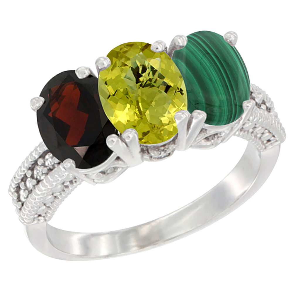 14K White Gold Natural Garnet, Lemon Quartz & Malachite Ring 3-Stone 7x5 mm Oval Diamond Accent, sizes 5 - 10