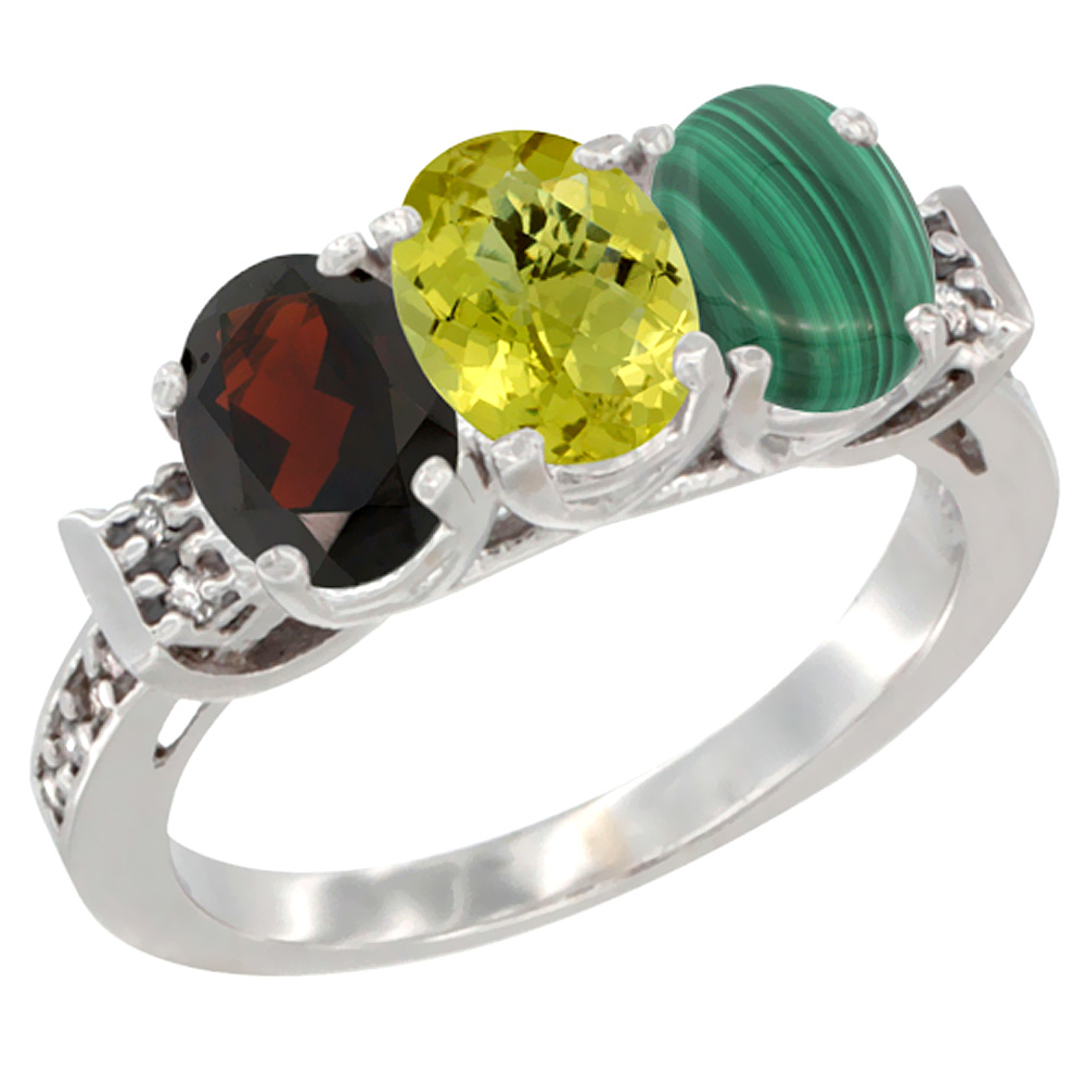 10K White Gold Natural Garnet, Lemon Quartz &amp; Malachite Ring 3-Stone Oval 7x5 mm Diamond Accent, sizes 5 - 10