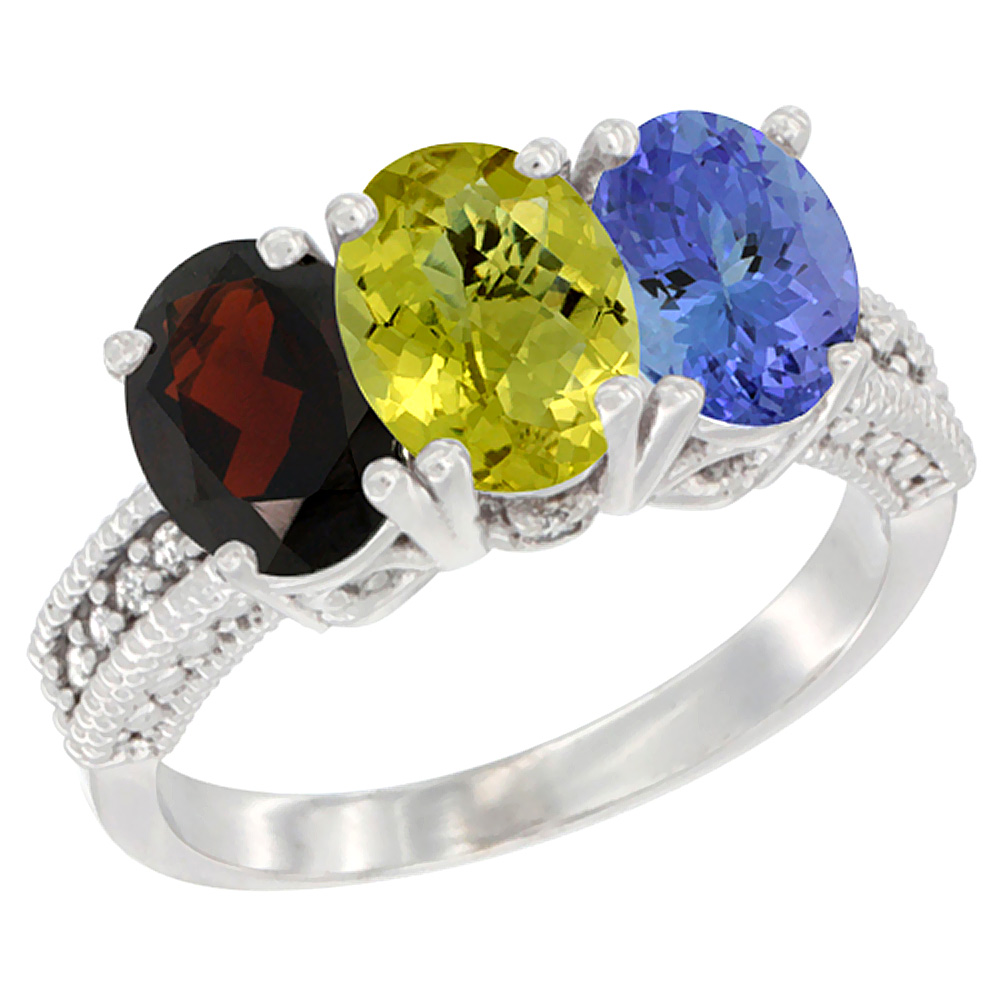 14K White Gold Natural Garnet, Lemon Quartz &amp; Tanzanite Ring 3-Stone 7x5 mm Oval Diamond Accent, sizes 5 - 10