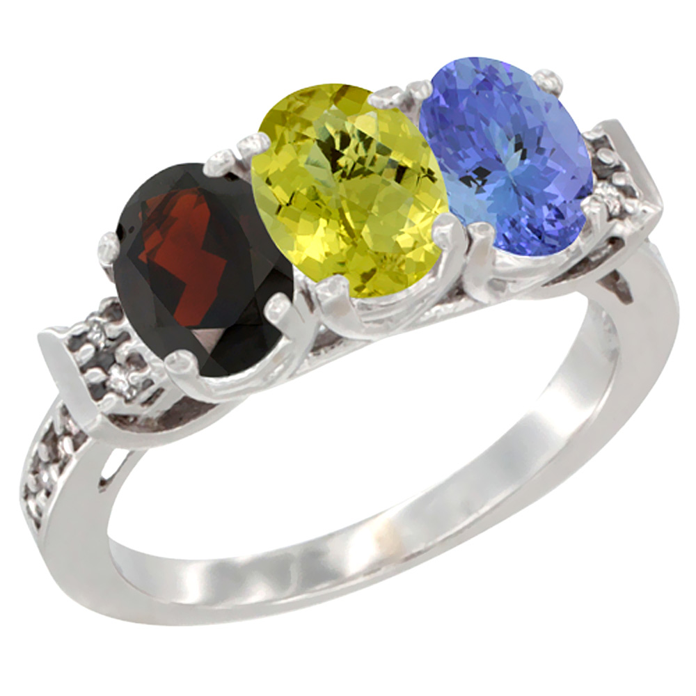 14K White Gold Natural Garnet, Lemon Quartz & Tanzanite Ring 3-Stone 7x5 mm Oval Diamond Accent, sizes 5 - 10