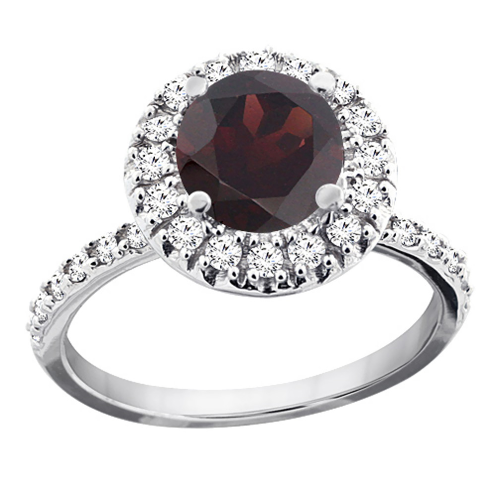 14K White Gold Natural Garnet Ring Round 8mm Floating Halo Diamond, sizes 5 - 10