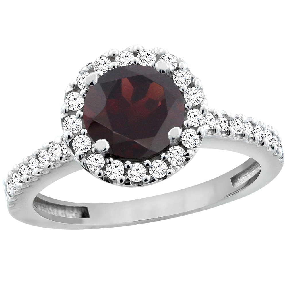 14K White Gold Natural Garnet Ring Round 6mm Floating Halo Diamond, sizes 5 - 10