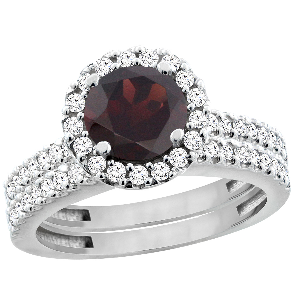 14K White Gold Natural Garnet Round 6mm 2-Piece Engagement Ring Set Floating Halo Diamond, sizes 5 - 10