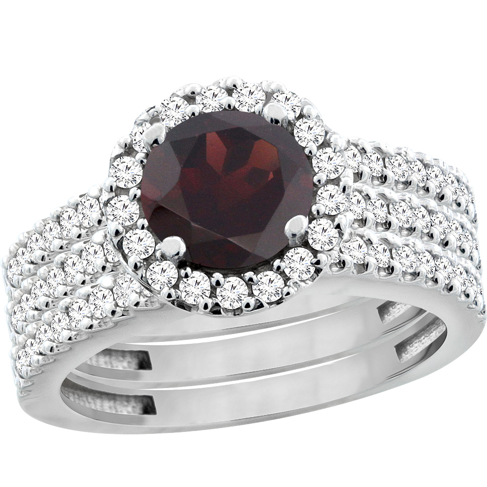 10K White Gold Natural Garnet 3-Piece Bridal Ring Set Round 6mm Halo Diamond, sizes 5 - 10