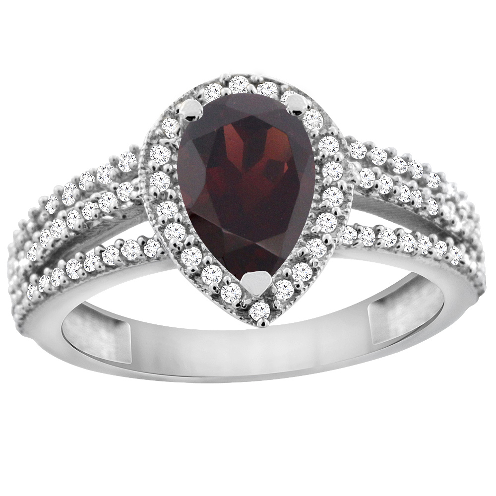 14K White Gold Natural Garnet Ring 9x7 Pear Halo Diamond, sizes 5 - 10