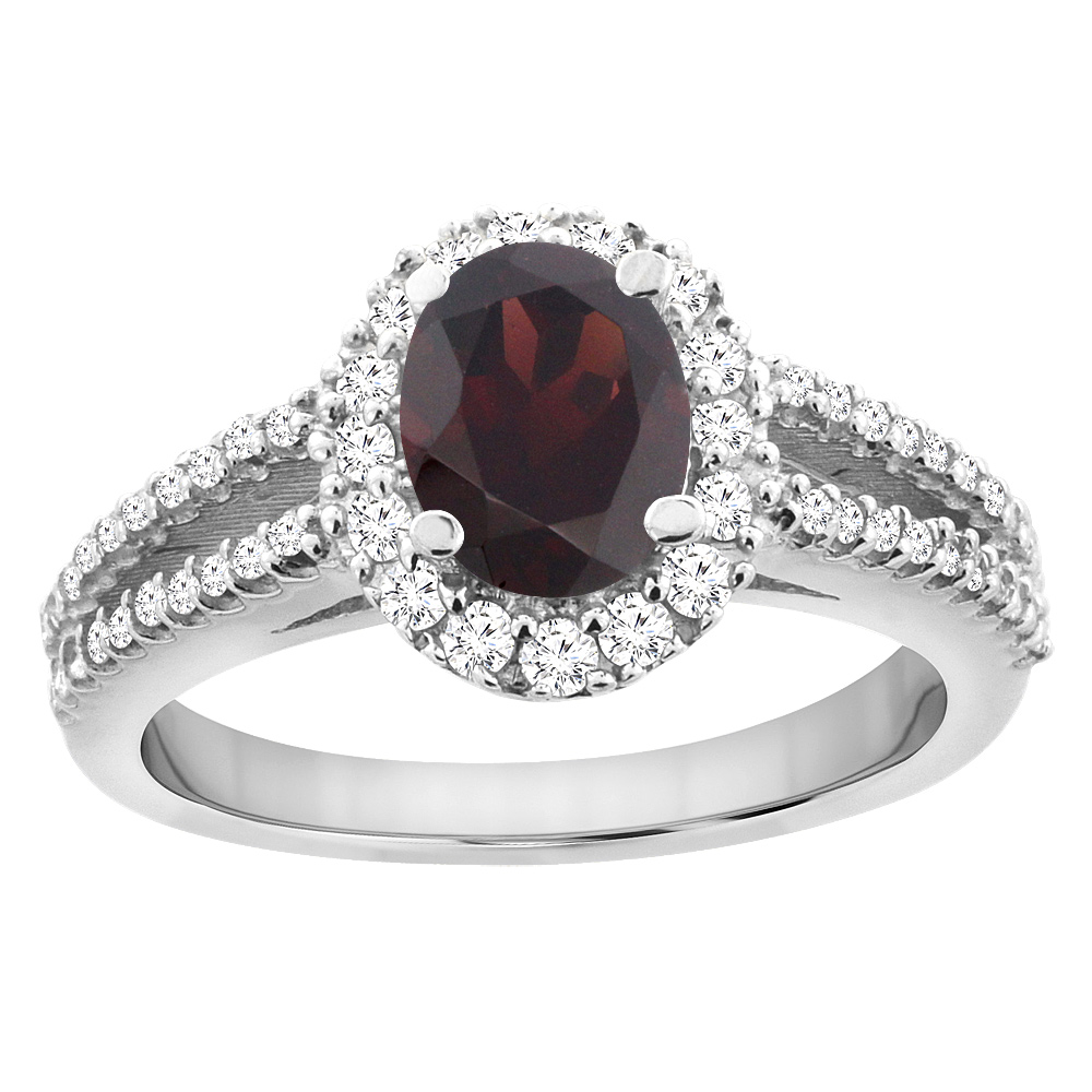 14K White Gold Natural Garnet Split Shank Halo Engagement Ring Oval 7x5 mm, sizes 5 - 10