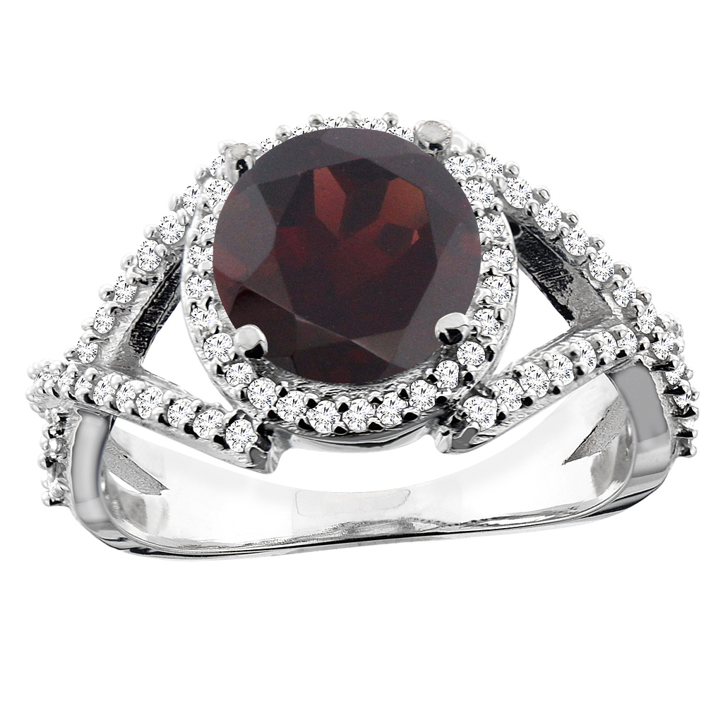 14K White/Yellow/Rose Gold Natural Garnet Ring Round 8mm Diamond Accent, sizes 5 - 10