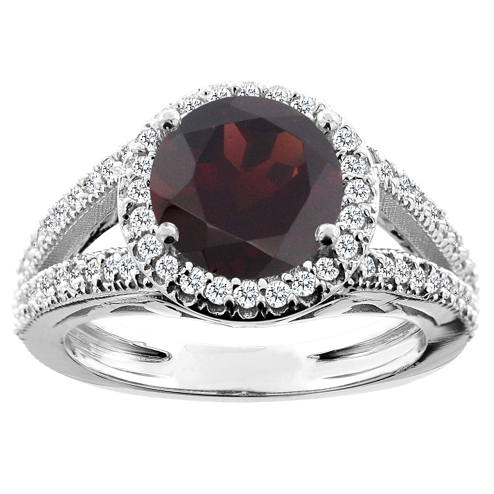 14K White/Yellow/Rose Gold Natural Garnet Ring Round 8mm Diamond Accent, sizes 5 - 10